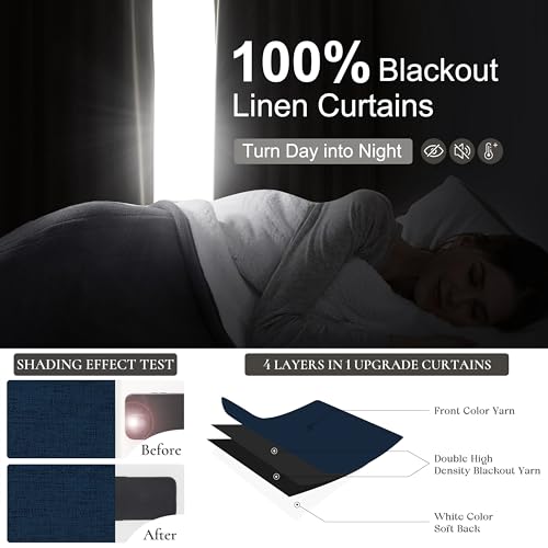 Image of QJmydeco Navy Blue Blackout Curtains 96 Inch Length for Kids /Boys Rooms /Bedroom, Pinch Pleated Drapes with Hooks Viral Linen Thermal Coastal Curtain Dark Blue Window Burg (40 inch Wx96 Lx 2 Panels)