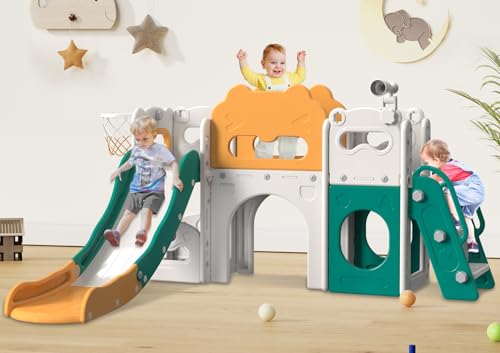 Babytronic Toddler Slide Set, 8 in 1 Kids Indoor Slide for Toddler 1-3, Indoor Outdoor Toddler Playground with Basketball Hoop and Telescope, Baby Slide Toddler Indoor Slide Playset (Green&Yellow)