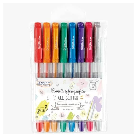 Caneta Esferográfica Gel com Glitter 1.0mm Blister com 8 Cores, BRW