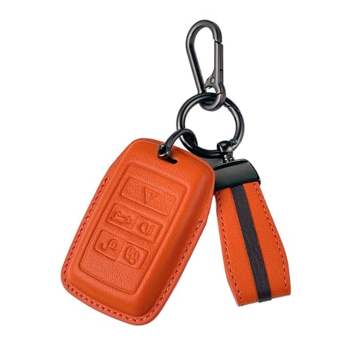 Image of Keyzone Royal Leather Key Cover for XF XJ XE F-PACE F-Type Evoque Velar Discovery LR4 Sport 5 Button smart Key (Sunburst Orange)