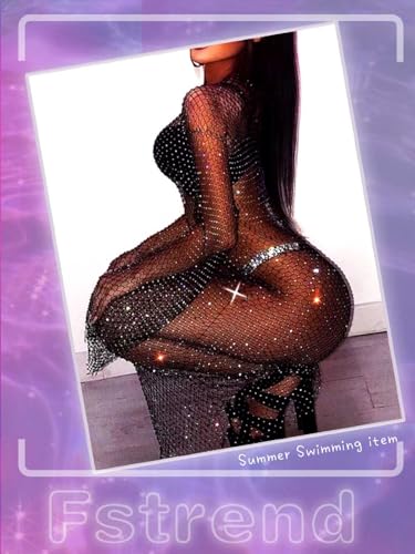 Fstrend Women Rhinestone Mesh Dress Rhinestone Black Long Skirts See Through Fishnet Cover up Swimwear Rave Festival Bikini, Black, M