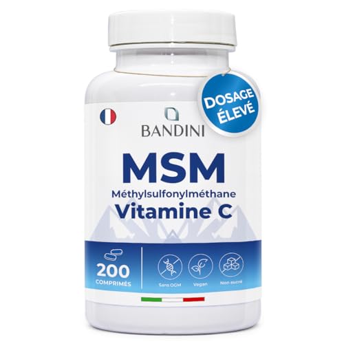 Bandini® MSM 2000mg de Méthylsulfonylméthane (Soufre Pur MSM) + Vitamine C par Dose Quotidienne | Poudre pour Articulations, Cheveux, Os et Peau | 100% Vegan | 200 Comprimés à Haute Dose