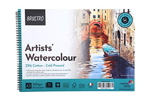 Image of BRUSTRO Artist 25% Cotton Watercolour Paper Pad, Wiro Bound, Cold Pressed, 300 GSM, A3(11.7x16.5 inches), 15 Sheets,Perforated Pages|Ideal for Professional Drawing,Painting,Dry & Wet,Fine Art students