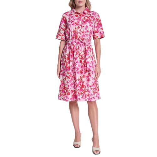 Image of DKNY Women's 3/4 Sleeve Collared Neck Cotton Poplin Shirt Dress, Dahlia/Ivory, 16