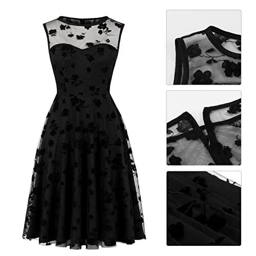 Image of Mesh Floral Embroidery Dress for Women Vintage Gothic Cocktail Dress Goth Mini Tulle Short Halloween Party Evening Prom Gown