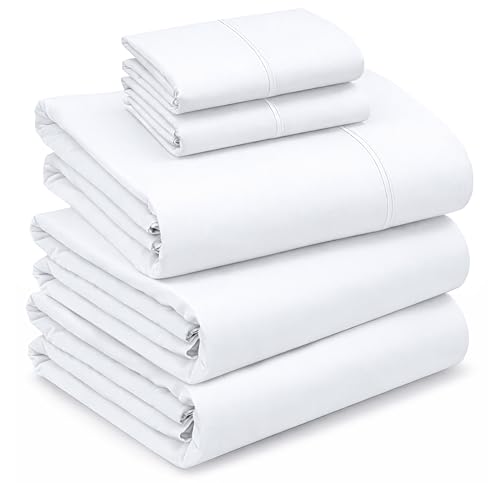 Image of RUVANTI 100% Cotton Percale Sheets Split King Size, Bright White | Crisp Cooling for Hot Sleepers, Deep Pocket 16 inch, Soft Breathable & Durable, Hotel-Style, 5 Piece Set