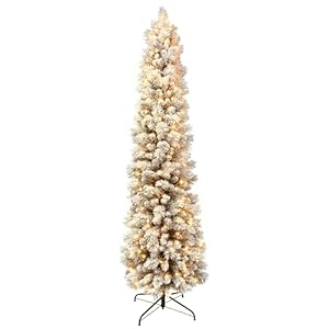 Puleo International 65 Foot Pre Lit Flocked Portland Pine Pencil Artificial Christmas Tree with 300 UL Listed Clear Lights
