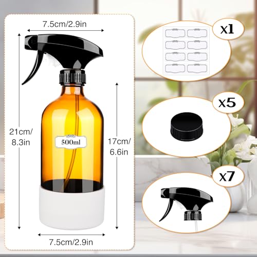 5 Pack/16 Oz Glass Spray Bottles, Refillable Empty Containers with Silicone Sleeve, Upgraded Adjustable Nozzle Spray Bottle Sets for Cleaning, Essential Oils, Hair (Amber)3