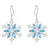 Christmas Snowflake Earrings, Silver Sparkling CZ Crystal Dangle Drop Earrings 18K White Gold Rhinestone Xmas Earring Jewellery Gift for Women Mum Daughter Sister with Gift Card & Box, Blue Stone