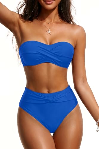 Tempt Me Women Royal Blue Bandeau Bikini Set Twist Strapless Two Piece Swimsuit High Cut High Waisted Bathing Suits M