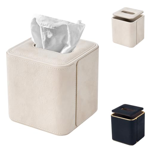 Cloudever Square Tissue Box Cover, Travertine-Look PU Leather, Weighted 0.463kg Wood Core, Compatible with Kleenex/Puffs Cube (Off-White)