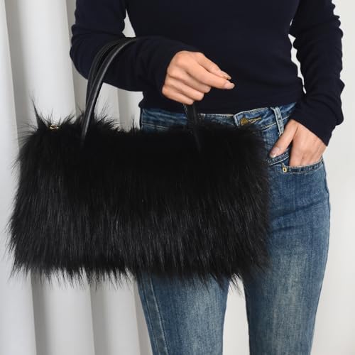 Womens Faux Fur Shoulder Bag Furry Purse Handbag Crossbody Bag with Shoulder Strap4