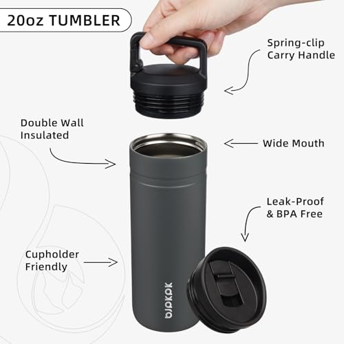 Image of BJPKPK 20 oz Insulated Travel Water Bottle, Coffee Tumbler Stainless Steel | Double Wall Vacuum, Leakproof, Thermal, Keeps Hot /Cold, BPA Free, Dishwasher Safe, Spill Proof, Wide Mouth, 2 Lids, Grey