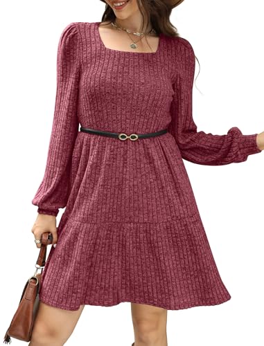 Image of Sampeel Womens Square Neck Long Sleeve Fall Dresses Casual Babydoll Sweater Dress