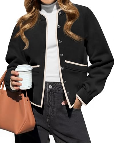 Image of Cicy Bell Womens Button Down Bomber Jackets Puff Sleeve Cropped Pea Coats Casual Fall Color Block Outerwear