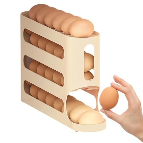 Caja de almacenamiento de huevos,Almacenamiento de huevos para refrigerador, Porta huevos con ruedas automático Rejilla para huevos de 4 capas, Dispensador de huevos de gran capacidad, organizador de