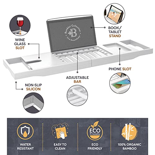 Premium Bamboo Bathtub Tray Caddy - Expandable Wooden Bathroom Tray - Adjustable Bathroom Tray For Tub - Luxury Bath Caddy Tub Table - Gift Idea For Loved Ones (White) #TOP2