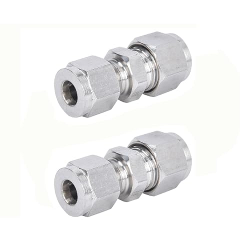 Compression Straight Connectors, 2 Pcs 10mm Stainless Steel Double Ferrule Pipe Fitting Adapter, Compression Tube Union Connector for Plumbing, Air Compressors