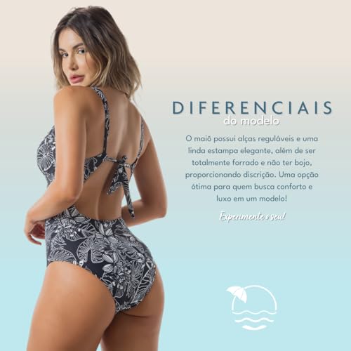 Maiô Estampado Sem Bojo Comportado com Alças Reguláveis (BR, Alfa, G, Regular, G, Preto)