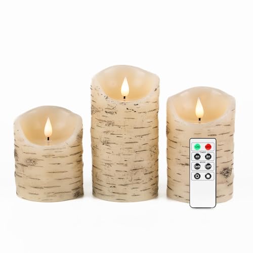Fanna Set of 3 Flameless LED Birch Bark Candles with Timer, Battery Operated Wax Candles with Remote for Christmas, 6 Batteries Included - H 10/12.5/15cm