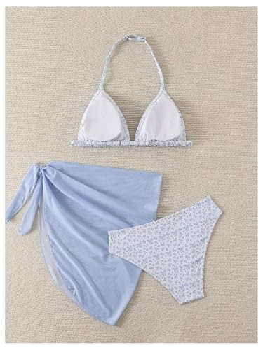 Image of SOLY HUX Girl's Summer Swimsuit Set Floral Halter Triangle Bikini Set with Wrap Skirts Beachwear