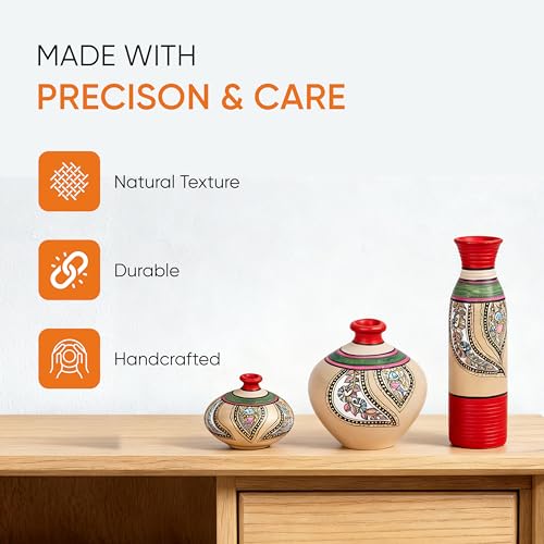 Image of Aakriti Art Creations Salina Vases Set of 3 | Hand-Painted Madhubani Art Terracotta Flower Vases | Multicolor Matte Finish Decorative Vases for Living Room, Table Decor & Gifting