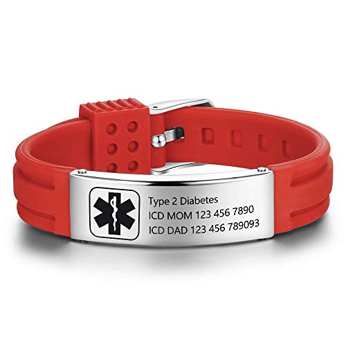 Lam Hub Fong Medical Bracelets for Women Men Adjustable Sport Medical ID Bracelets Personalized Silicone Medical ID Bracelets for Men Women Boys Girls (Red)