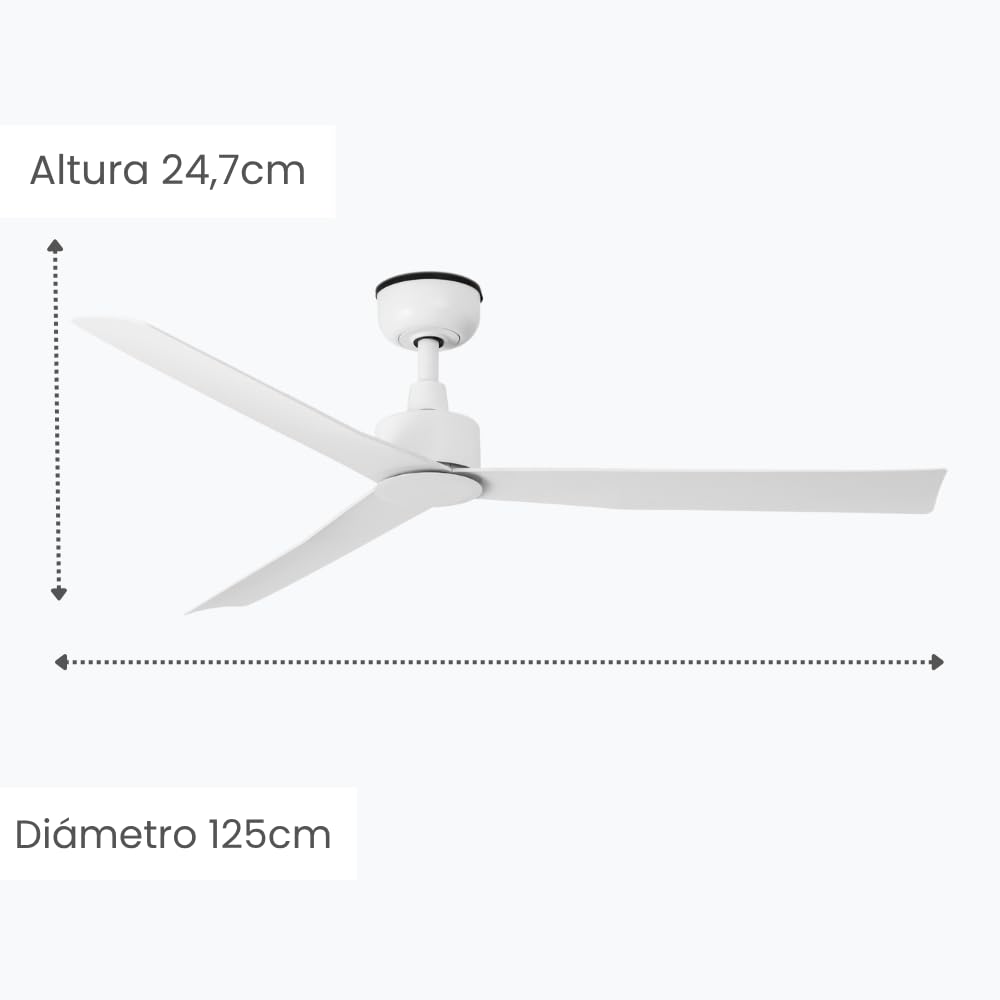 / RIVER/Ventilador de techo blanco para exterior sin luz Ø125 cm/Ultrasilencioso, bajo consumo, 6 Velocidades, mando a distancia con temporizador, verano-Invierno