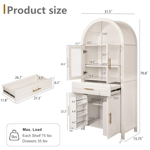 Image of 71 inch Tall Arched Kitchen Pantry Cabinet with Glass Door,Farmhouse Modern Wood Arched Cabinetsw /Adjustable Shelves & Drawer, Accent Cabinet with Barn Door for Kitchen, Living & Dining Room, Bathroom