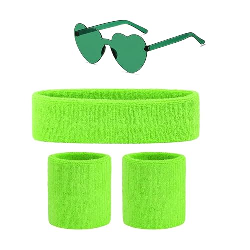 Cinta Pelo Deporte Muñequera y Gafas de Corazon Años 80 para Disfraz Años 80 Mujer Adulto Niña, Accesorios Años 80, Bandas Cintas de Sudor Deportiva (Accesorio AÑOS 80 Verde)