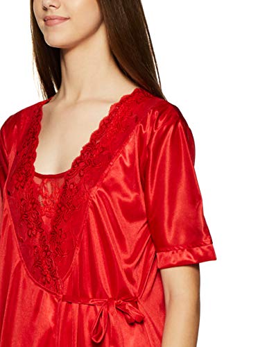 Clovia Women's 4 Pcs Satin Nightwear in Red - Robe, Nightie, Top, Capri - Image 5