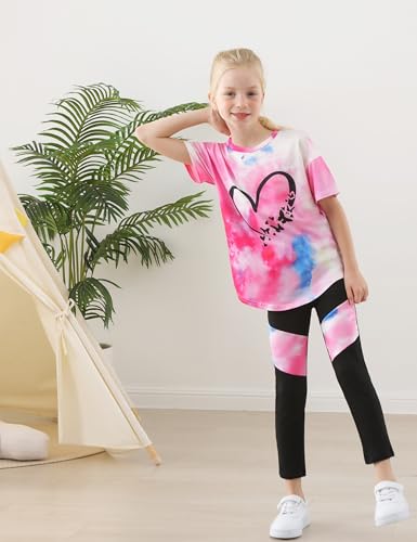 Image of Girls 2 Piece Outfits Kids Clothes Pants Sets Print Short Sleeve Top Leggings Spring Summer Tracksuit 4-13Y