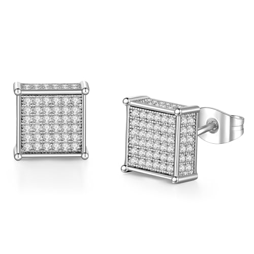 Silver Square Stud Earrings for Men with Full Cubic Zirconia Hypoallergenic Earrings Studs for Sensitive Ears Trendy Mens Hiphop Stud Jewelry