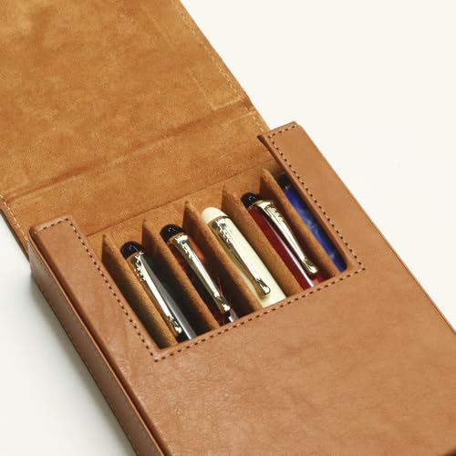 Image of 6Slots Leather Fountain Pen Case Collector Organizer - Handmade Pen Case Vintage Crazy Horse Print Leather Pen Protective Sleeve Cover Pen Storage Gift Box (6slot-Yellow)