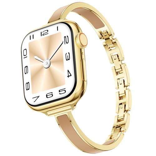Mosonio Slim Bracelet Bands for Apple Watch Women, Elegant Thin Metal Band with Embedded Silicone Accents for iWatch, Easy-Adjust Link Strap Compatible with Apple Watch Ultra (49mm) & Series 11/10 (46mm), Series 9/8/7 (45mm), Series 6/5/4/SE (44mm), Series 3/2/1 (42mm) - Gold + Nude by Mosonio - Used condition - US$15.38
