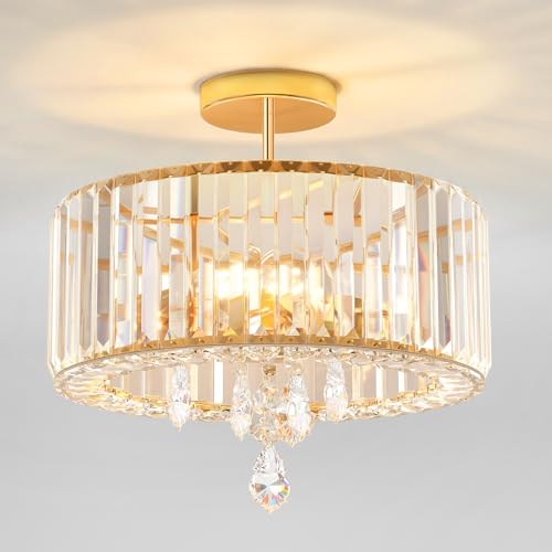 ANWIO Lampada da Soffitto Cristallo Oro, Plafoniera a Soffitto con