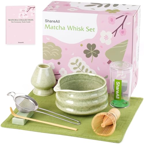 ShareAll Artisan Ceramic Matcha Set, 7Pcs Japanese Matcha Whisk Kit with Speckled Glaze Bowl, Bamboo Chasen &amp; Sifter - Elegant Tea Ceremony Gifts for Women &amp; Men, Premium Home Essentials (Green)