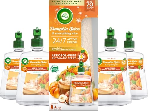 Air Wick Aerosol-Free Automatic Air Freshener Spray Kit + 4 Refills, Pumpkin Spice, 228ml, 24x7 Active Fresh Odour Neutraliser, Lasts Up to 280 Days, Air freshener For Home