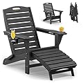 SUUNYN Folding Adirondack Chair with Retractable Ottoman Weather Resistant Fire Pit Chair Patio Chair with 2 Cup Holder Lawn Outdoor Lounge Chair (Black)