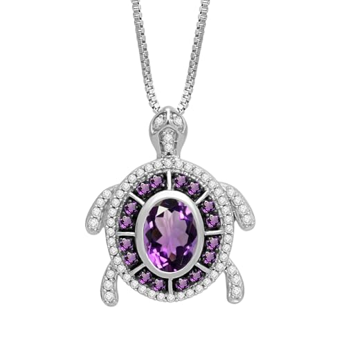 Jewelili Sterling Silver Turtle Birthstone Pendant Necklace | 7X5 MM Oval & 1.25 MM Round Cut Birthstone with Round Created White Sapphire Gemstones | 18
