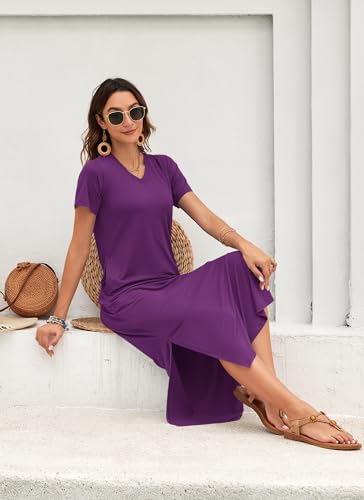 Image of MISFAY Womens Maxi Dress Short Sleeve V Neck Loose with Pockets | Soft stretchy breathable, v neck loose fit, side split hem, two side pockets, casual daily beach vacation travel dress