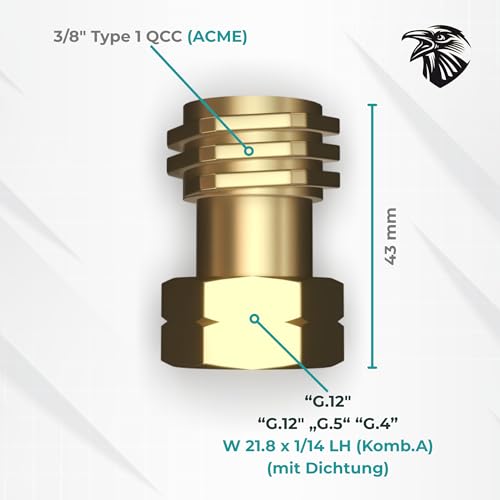 Rabenburg Adapter für USA Gasregler an deutsche Propangasflasche - 3/8 QCC Type 1 (Acme) auf G.12 W21,8 x 1/14 LH - Adapter für amerikanische Gasgrills