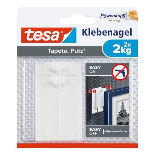 tesa Klebenagel für Tapeten und Putz / Selbstklebende Nägel für empfindliche Oberflächen / Leicht anzubringen und zu entfernen - rückstandslos / 2 x 2kg Halteleistung