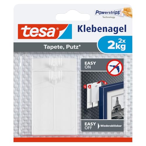 tesa Klebenagel für Tapeten und Putz / Selbstklebende Nägel für empfindliche Oberflächen / Leicht anzubringen und zu entfernen - Rückstandslos / 2 x 2kg Halteleistung
