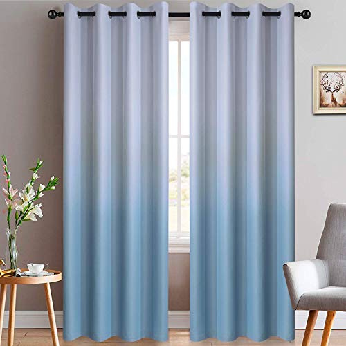 Yakamok Room Darkening Light Blue Ombre Curtains, Light Blocking Gradient Color Curtains, Thermal Insulated Grommet Window Drapes for Living Room/Bedroom (2 Panels, 52x84 Inch)
