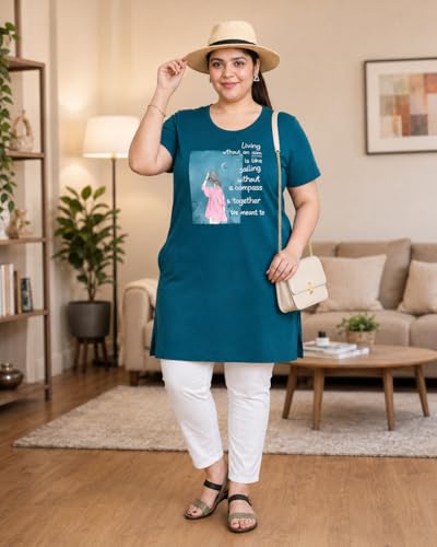 Image of In Love Women's Printed Cotton Plus Size Longline T-Shirt with Pockets | Cotton fabric - soft longline T-shirt with easy plus-size fit