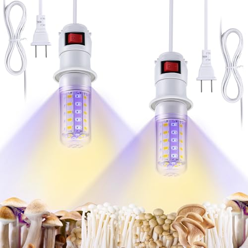 Meonum 2 Pack LED Mushroom Grow Light, Dual Spectrum Grow Light with 4.9 ft Extension Cord, 360° Hanging Mushroom Growing Lamp with White Blue LEDs for Indoor Plants