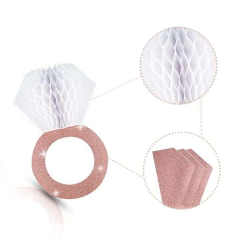 Image of 3 Pieces Honeycomb Diamond Ring Hanging Decorations for Wedding Party Bridal Shower Engagement - Glitter Gold Paper Balls Supplies for Engaged Decor (Rose Gold)
