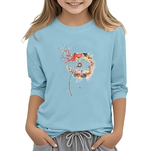 Teen Girls Floral 3/4 Length Sleeve Top Summer Crewneck Casual Athletic Blouse for Kids Soft (Sky Blue #6, 12-13 Years)