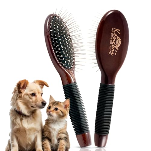 Kenchii Spazzola in metallo per la toelettatura di cani e gatti, manico in legno massello, impugnatura antiscivolo, spazzola districante e spargimento per animali domestici a pelo lungo o corto